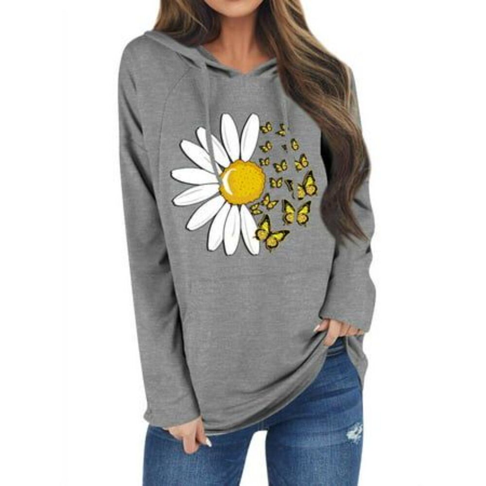 Butterflies Daisy Graphic Print Hooded Pullover Top, SMALL, 5G-160T001